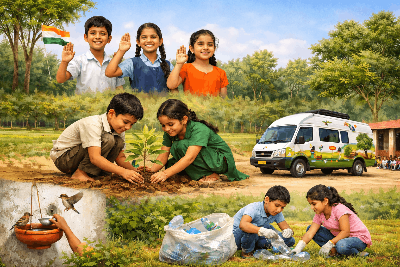 Bal Rakshak Mission - children, plantation, birds, plastic free, caravan